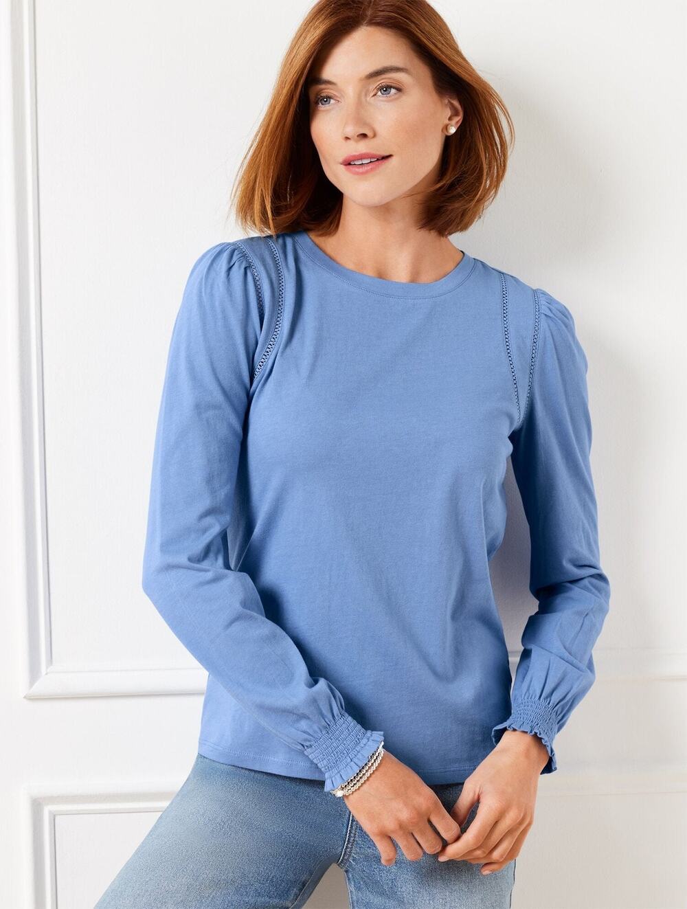 Talbots Top Medium Blue Long Sleeve Lattice Trim Crewneck Tee 100% Cotton